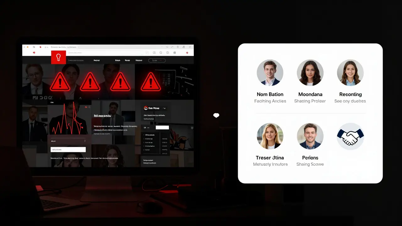 Contrasting images: a scam website on the left, a trustworthy profile on the right.