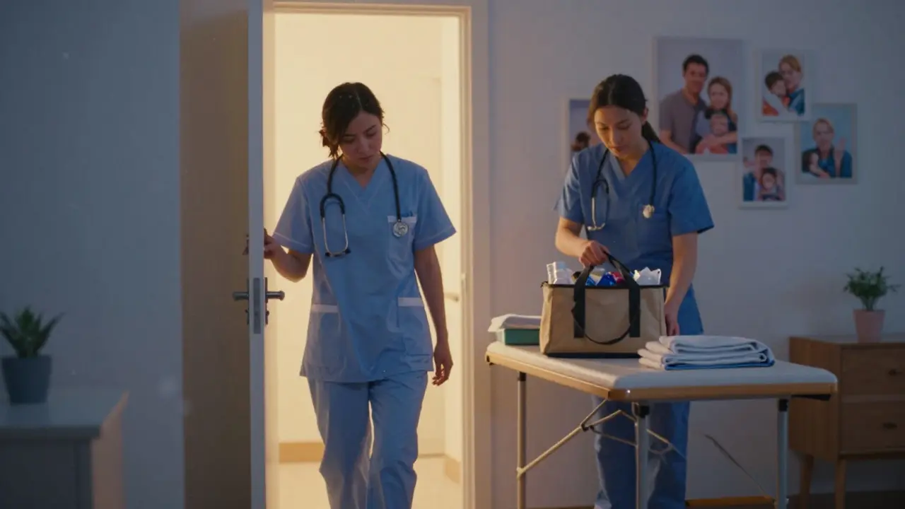 Exhausted nurse greeted by a mobile massage therapist at home after a night shift, warm light and snow outside.