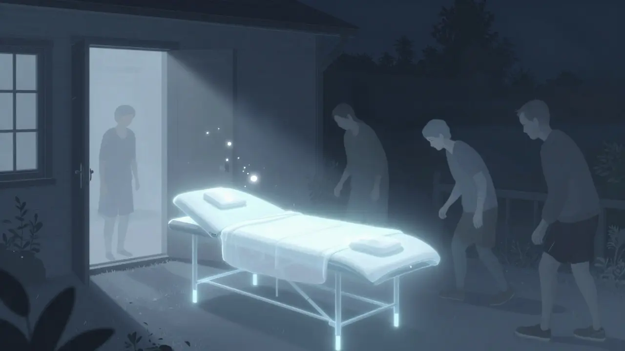 Floating massage table with glowing light orbs outside a home, symbolizing stress relief arriving at the door.