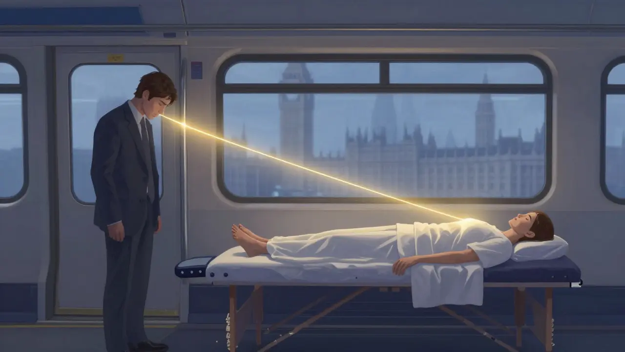 Golden thread symbolizing time saved and stress relief between commuter and home massage.