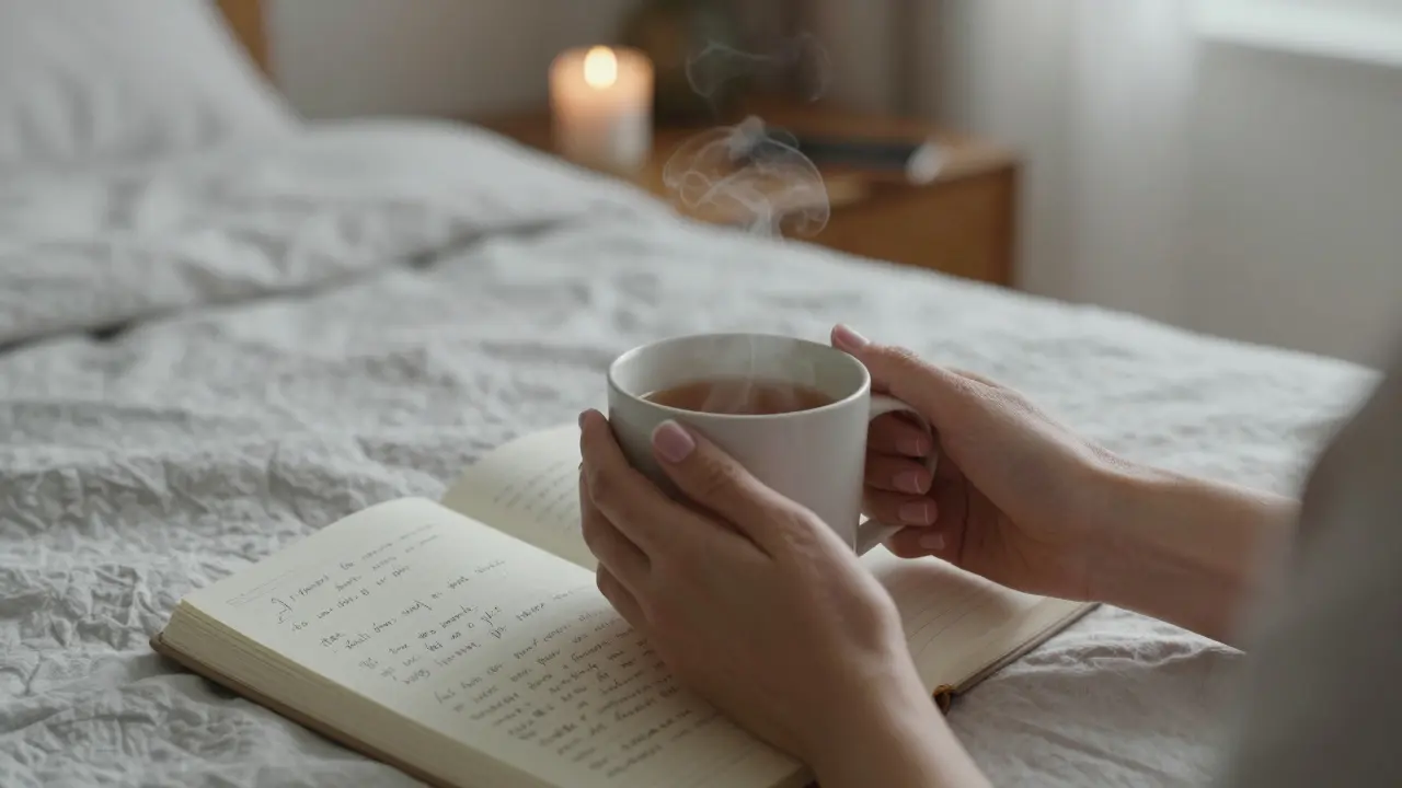 Hands holding a mug of tea beside an open journal with handwritten notes, in a peaceful bedroom setting.