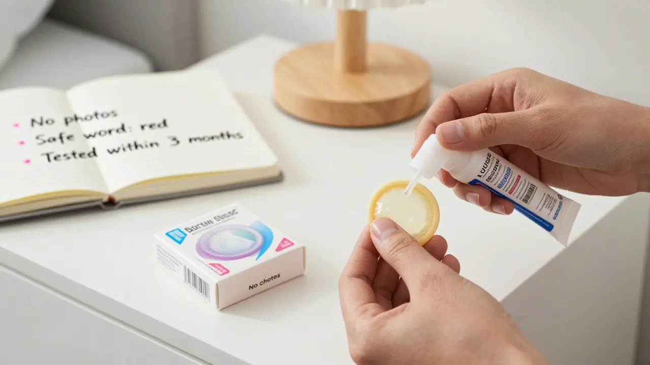 Hands organizing condoms, dental dams, and lube on a bedside table beside a notebook with written boundaries.