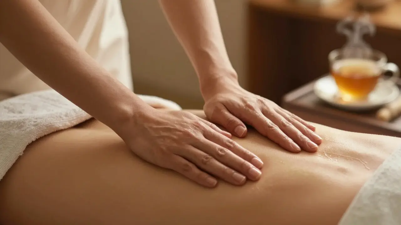 Hands performing smooth, flowing strokes on a back during a Swedish massage.