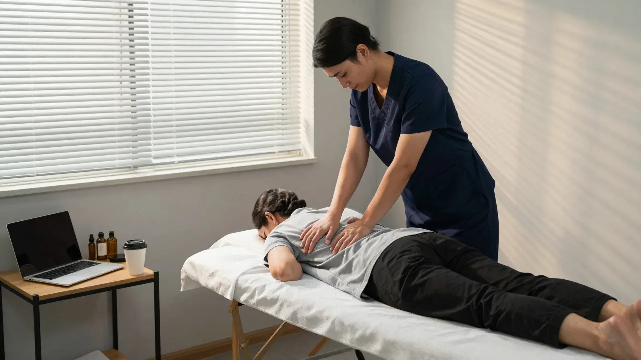 Office worker receiving a neck massage in a quiet corner, therapist using professional technique with portable equipment.