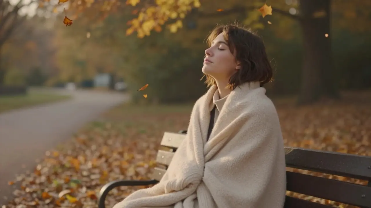 Person sitting quietly outdoors after a massage, wrapped in a blanket, breathing deeply among falling leaves.