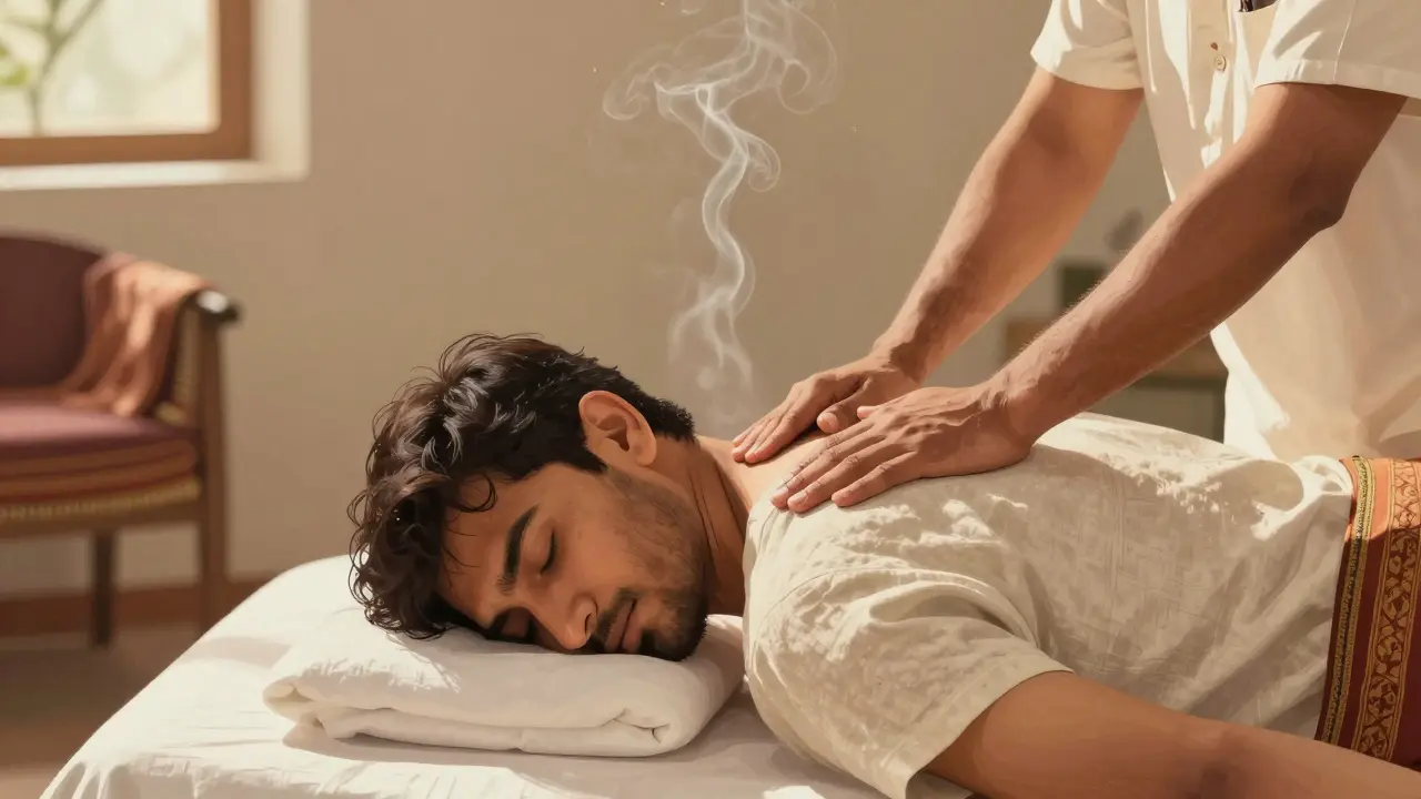 Practitioner giving Indian head massage to a seated client in a serene spa setting.