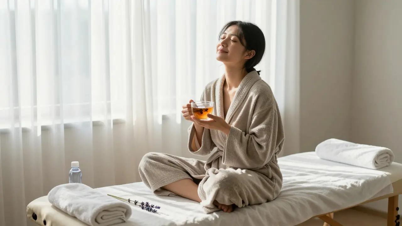 Relaxed person smiling after a massage, wrapped in a robe, holding tea as morning light fills the quiet room.