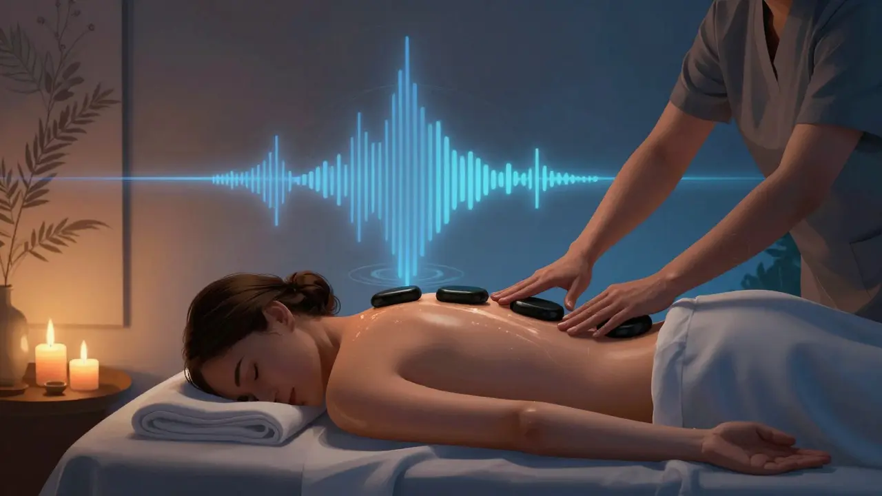 Serene massage session with rhythmic hand movements and heated stones in a calming, candlelit spa environment.