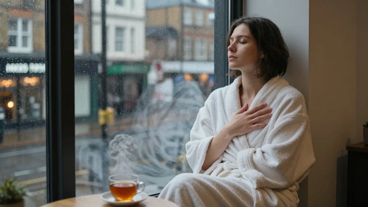 Someone sitting peacefully by a rainy window after a massage, wrapped in a robe, eyes closed in calm.