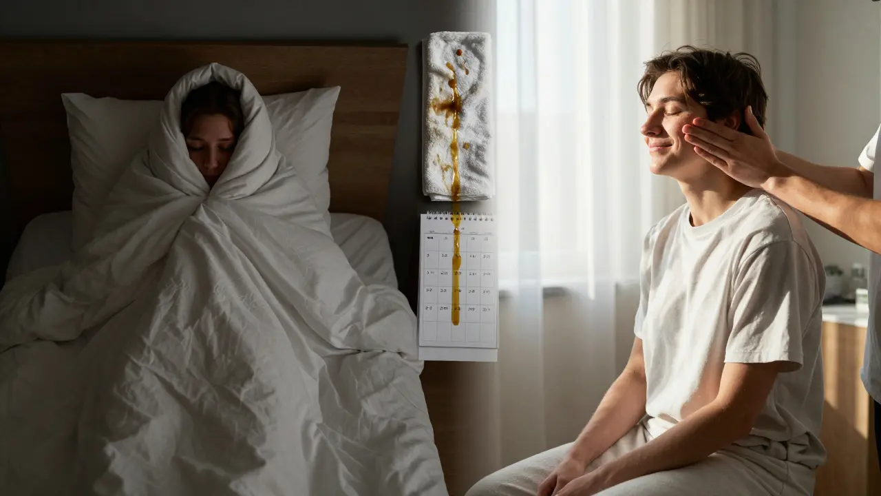 Split image showing someone exhausted in bed versus calm and sunlit after massage therapy, symbolizing emotional shift.