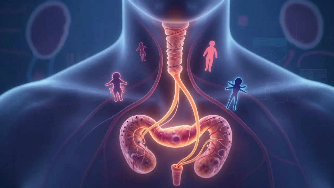 Stylized medical illustration showing STIs spreading between throat and genitals through glowing pathways.