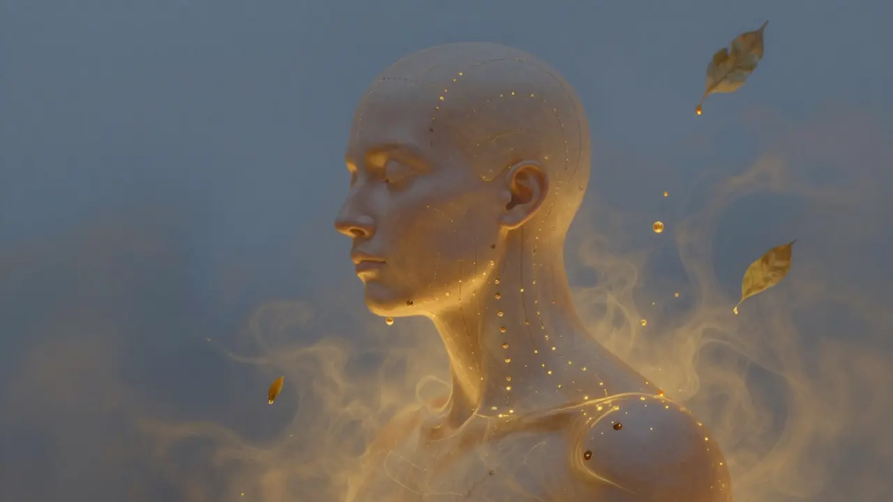 Surreal depiction of a head dissolving into golden oil mist with glowing energy points along the scalp and neck.