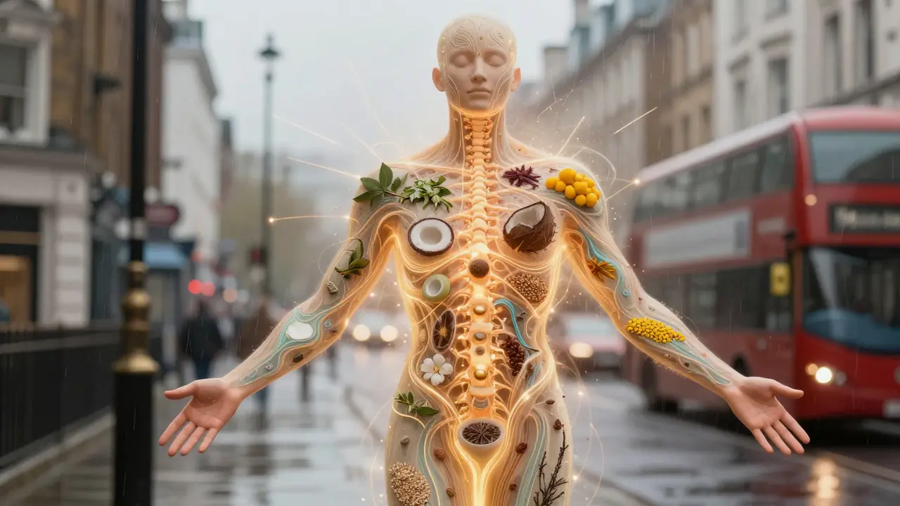 Surreal depiction of energy channels glowing through the body, infused with herbal oils, against a fading London cityscape.