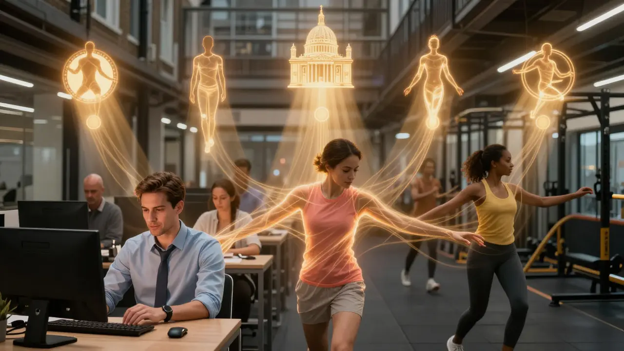 Symbolic image of Londoners with therapeutic energy connecting them to top spas across the city.