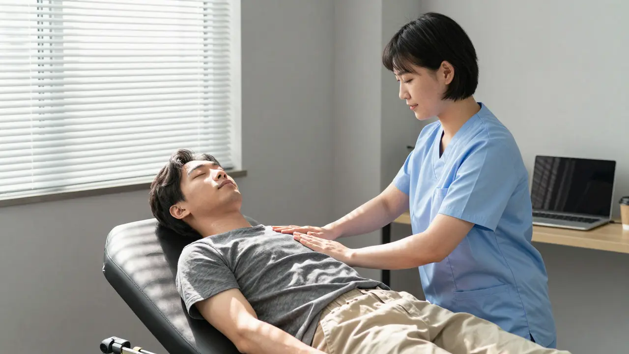 Therapist giving a chair massage to a remote worker in a quiet office during daylight.