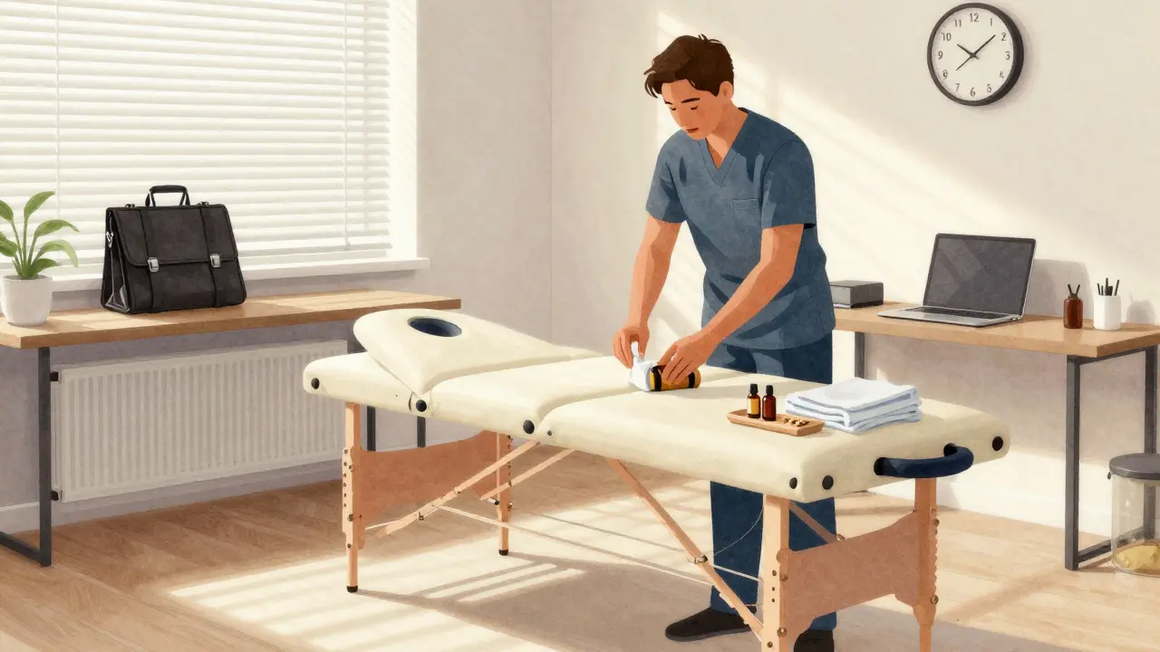Therapist setting up a massage table in a quiet London office during lunch break.