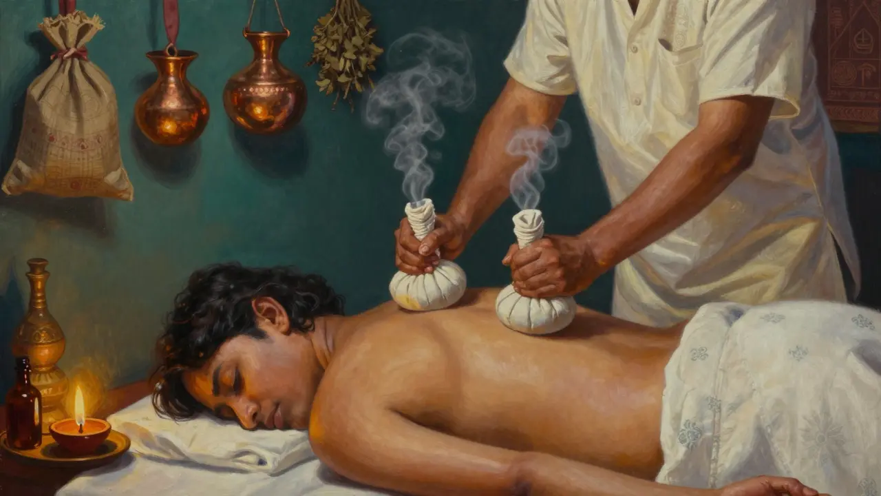 Therapist using warm herbal pouches along a client&#039;s spine during an authentic Ayurvedic Pindaswedam treatment.