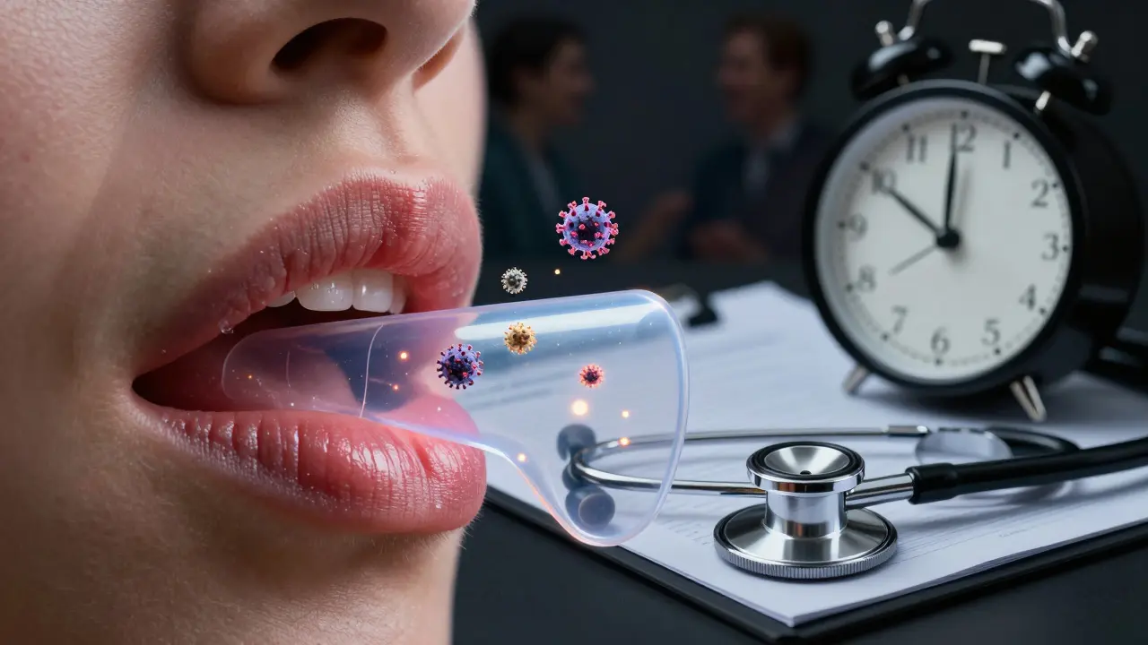 Transparent barrier blocking viral particles during oral sex, with clock and stethoscope in background.