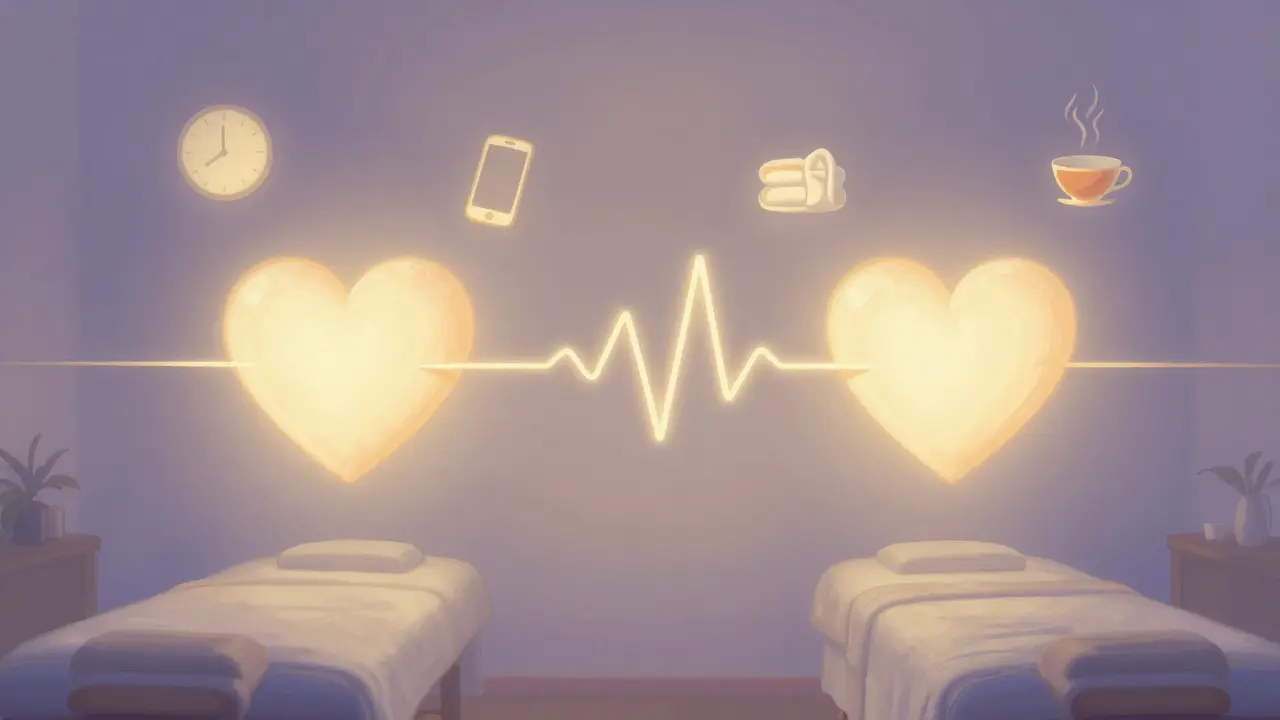 Two glowing hearts connected by golden light, symbolizing shared calm, surrounded by symbols of peace and stillness.