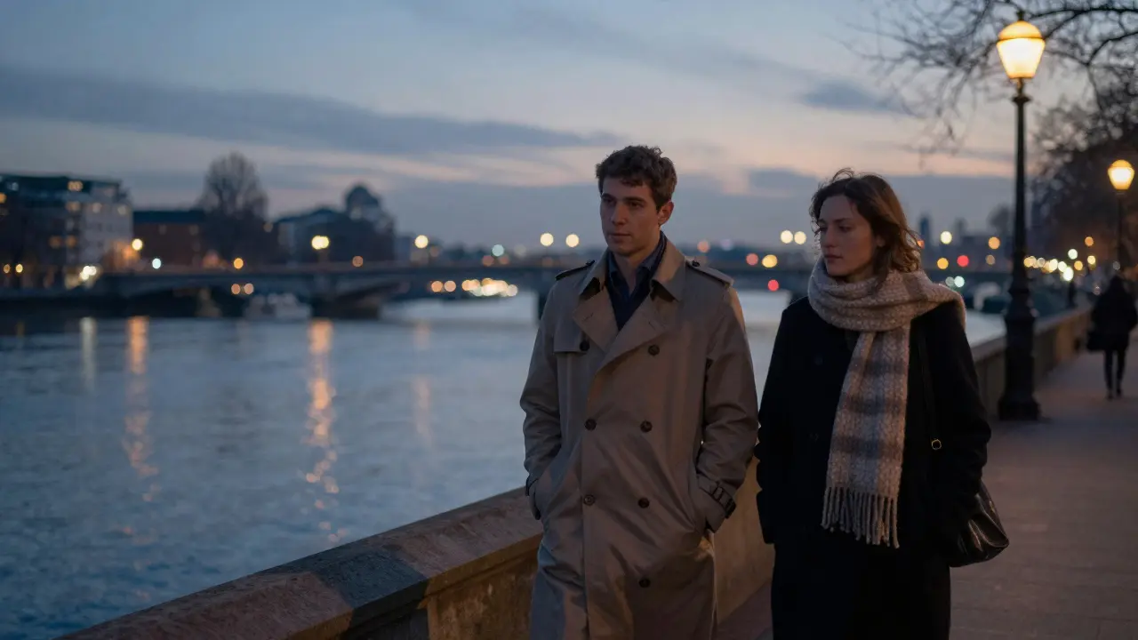 Two individuals walk peacefully along the Thames at twilight, sharing silent companionship under streetlights.