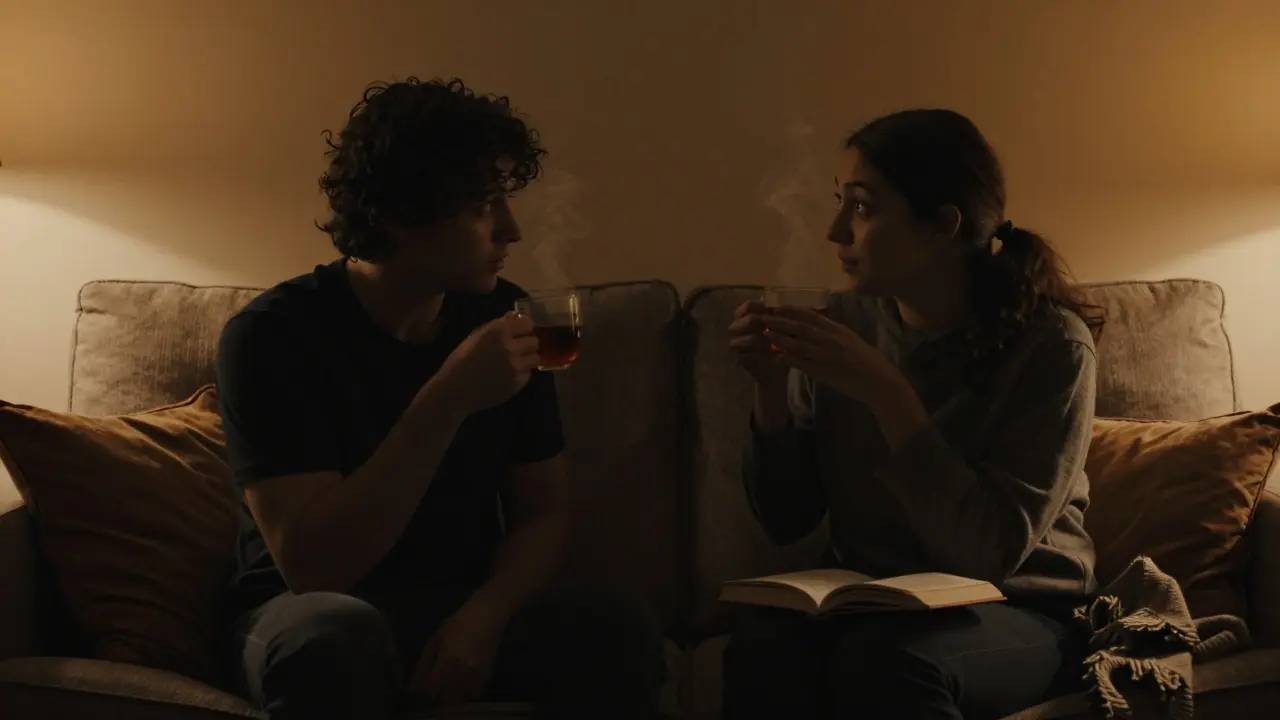 Two people sitting side by side on a sofa, sharing tea and quiet conversation after intimacy.