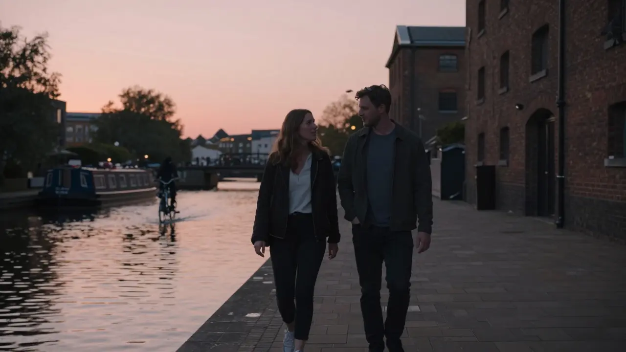 Two people walk calmly along the Regent’s Canal at sunset, enjoying quiet companionship without physical intimacy.