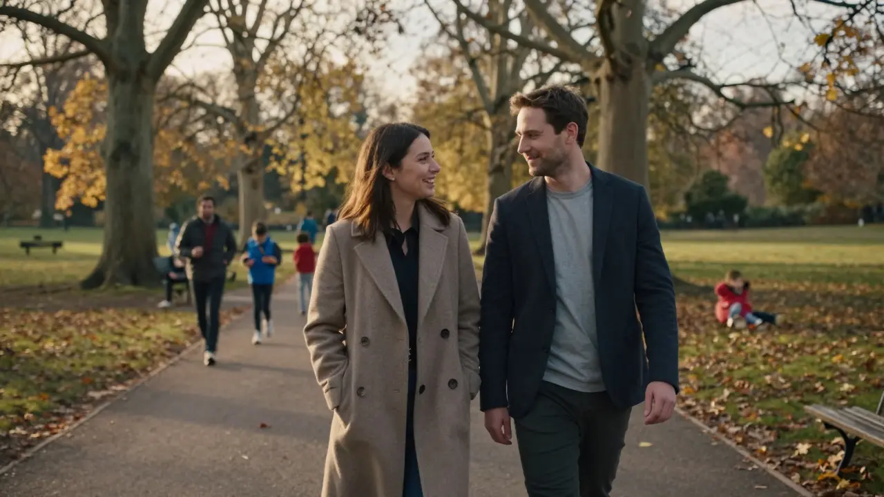 Two people walking hand in hand through Hyde Park at sunset, enjoying a peaceful, connected moment.