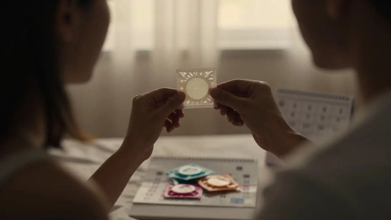 Two silhouetted figures in an intimate moment separated by a transparent dental dam in golden light.