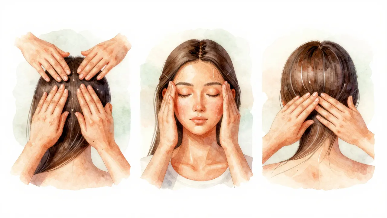 Watercolor illustration showing three stages of an Indian head massage: oil application, pressure on temples, and calming hair strokes.