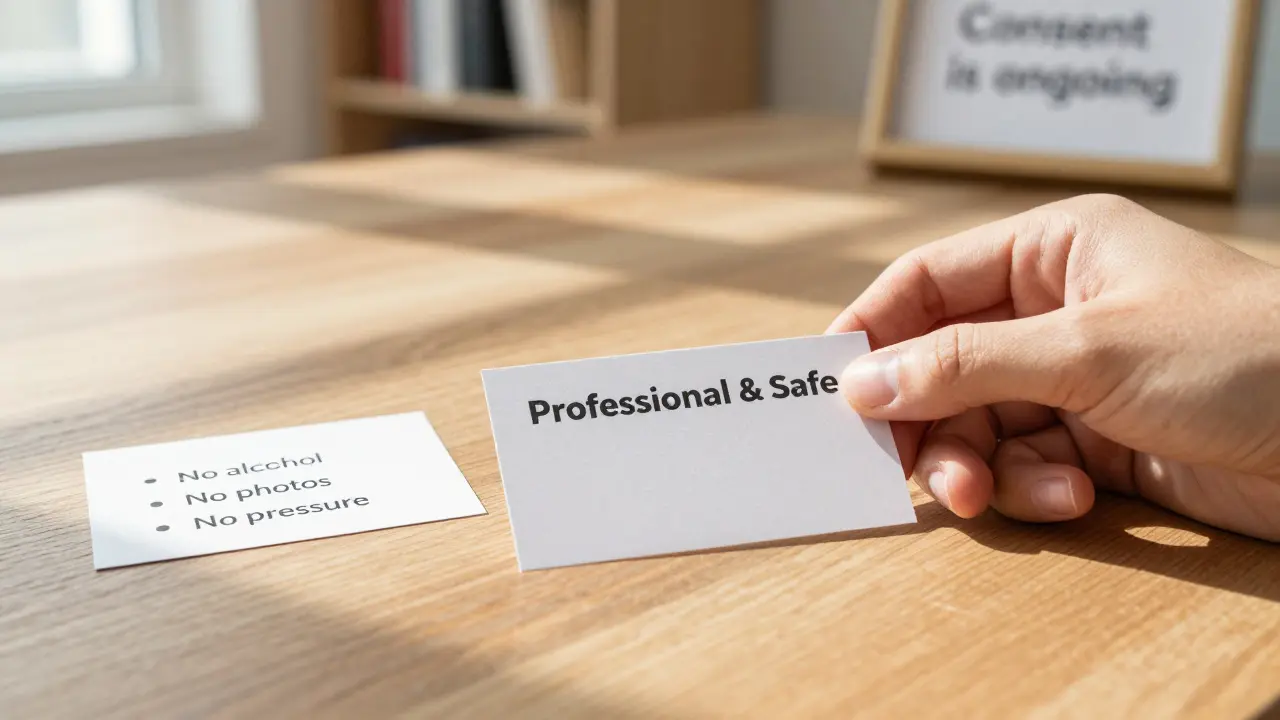 A business card and typed list of boundaries on a wooden table with soft daylight.