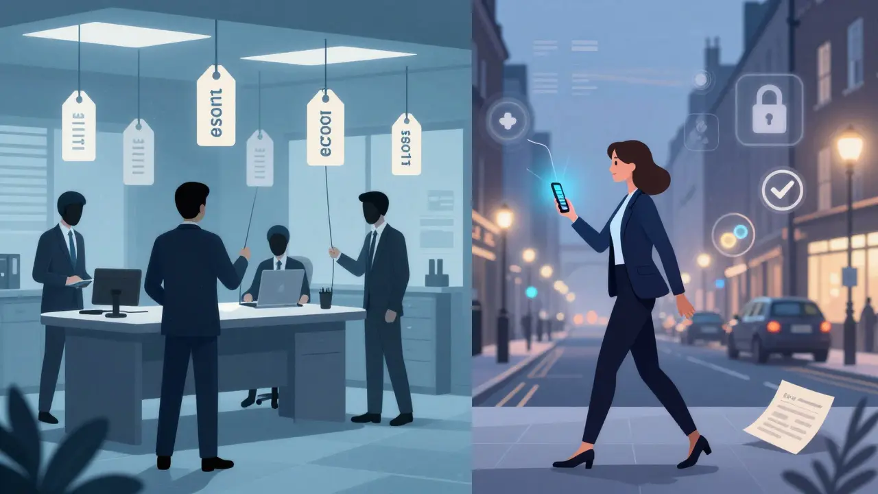 A conceptual split image: corporate control on one side, authentic independence on the other, symbolizing choice in London's escort industry.