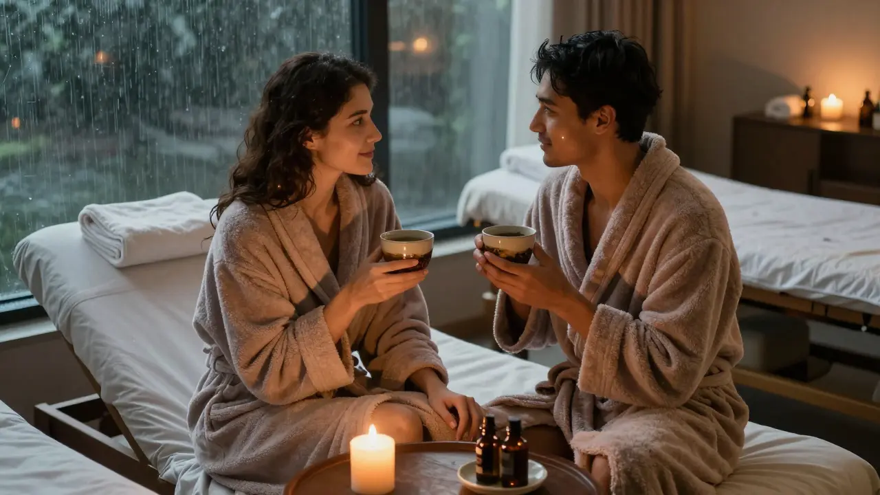 A couple relaxing in robes after a massage, sipping tea together in quiet companionship.