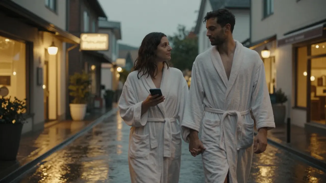 A couple walking hand in hand out of a spa at dusk, relaxed and connected, leaving behind the stress of daily life.