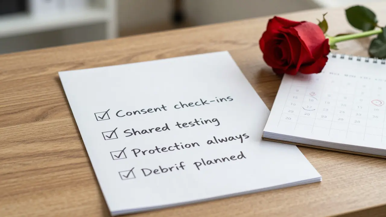 A handwritten safety plan for group intimacy with checkmarks and a rose on a wooden desk.