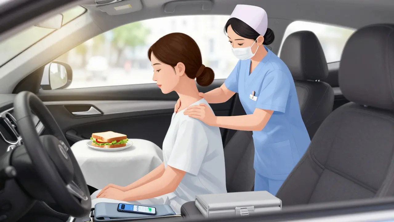 A nurse gets a shoulder massage in her parked car during lunch, sandwich on the seat beside her.