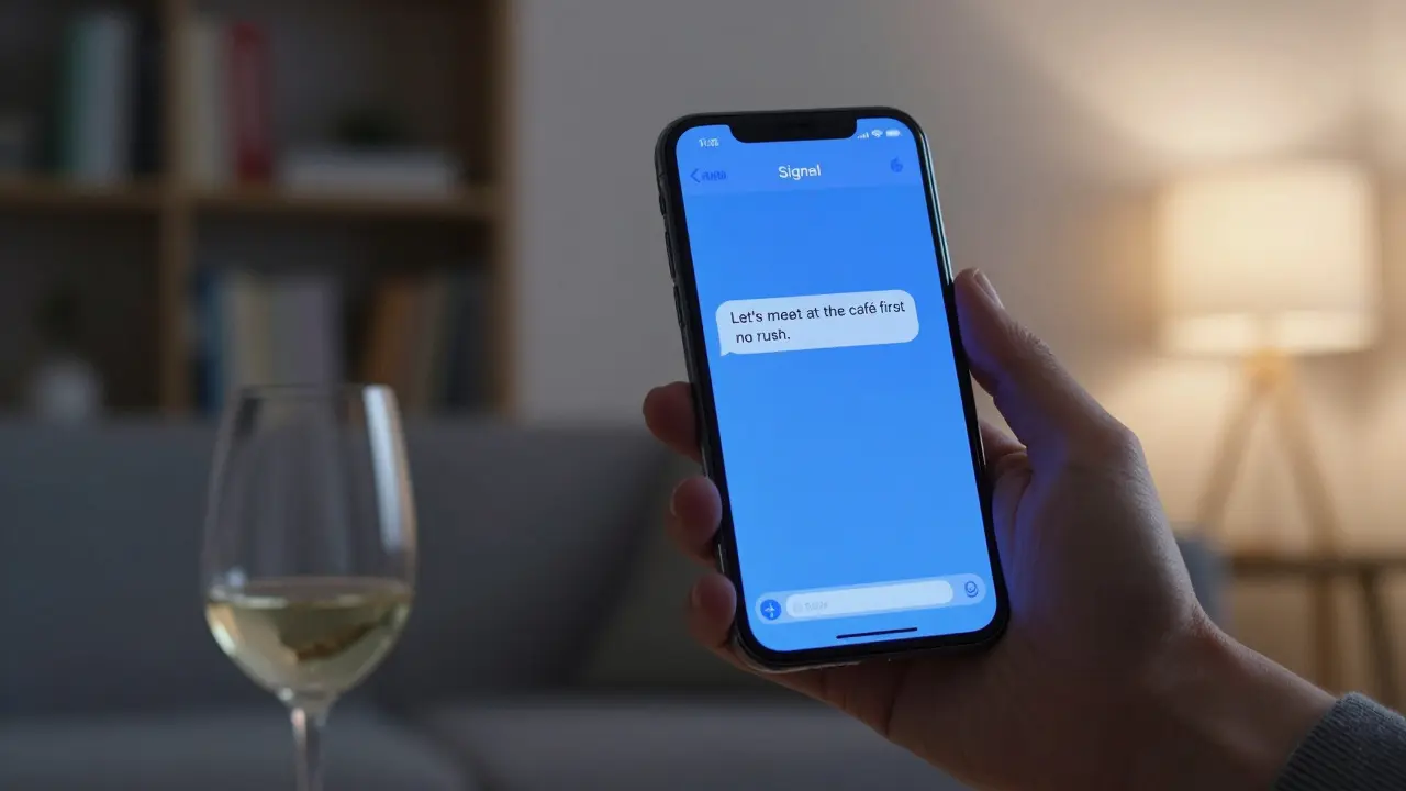 A smartphone showing an encrypted message about meeting safely in a cozy home setting.