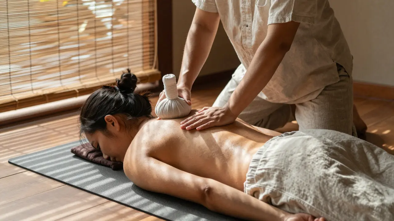 A Thai massage therapist gently stretching a client on a mat, with herbal compresses on the back and natural light filtering through bamboo.