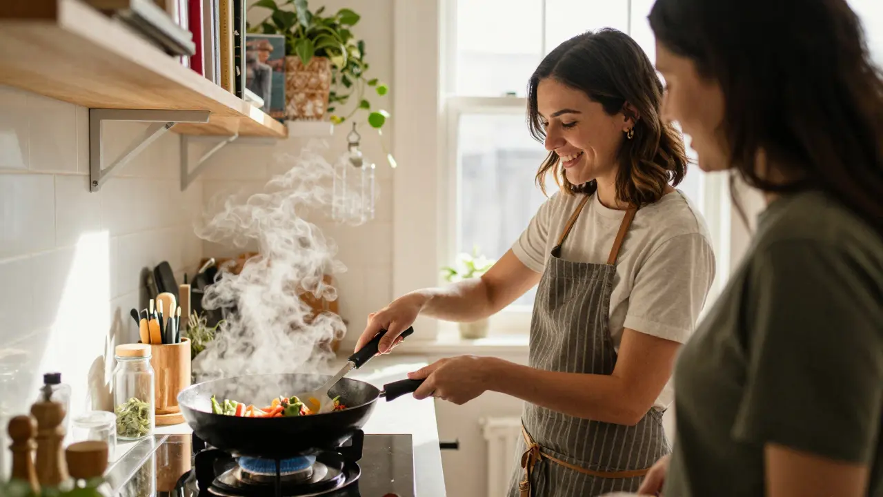 A woman and client cook together in a cozy kitchen, sharing a warm, personal moment with natural light and books in the background.