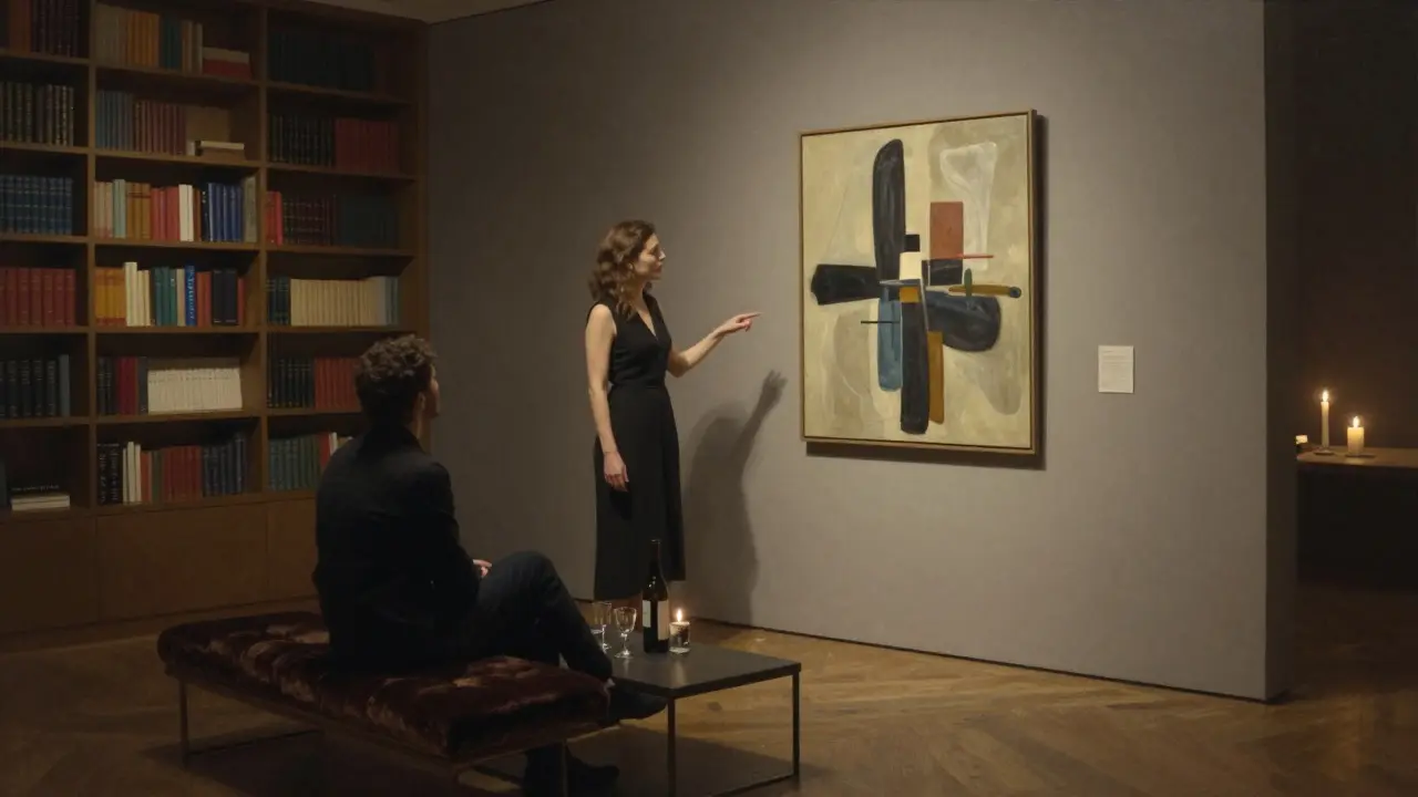 A woman explaining art to a man in a private gallery after hours, surrounded by soft light and stillness.