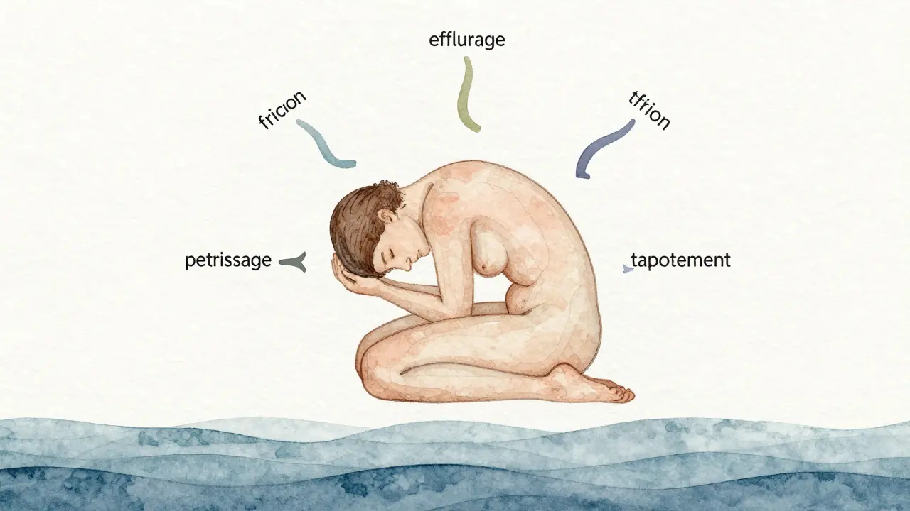 Abstract representation of Swedish massage strokes flowing around a peaceful human form.