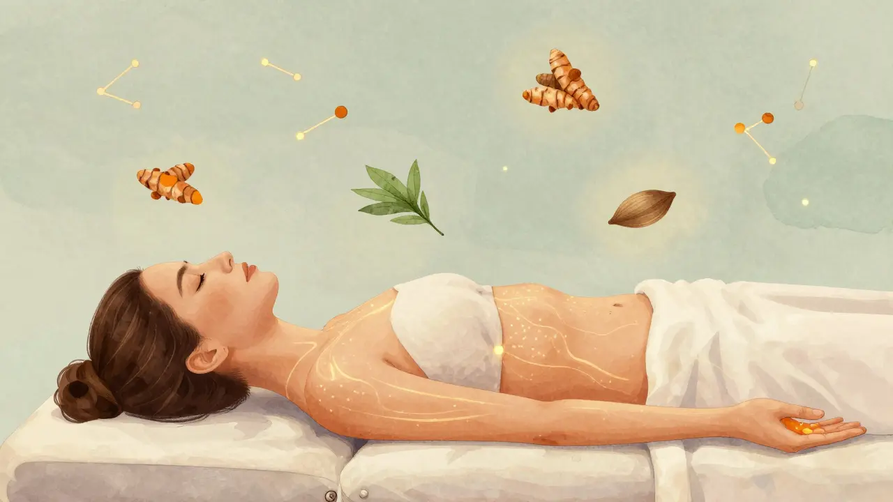 An artistic depiction of energy lines glowing beneath a woman's skin during Ayurvedic massage, with floating herbal elements around her.