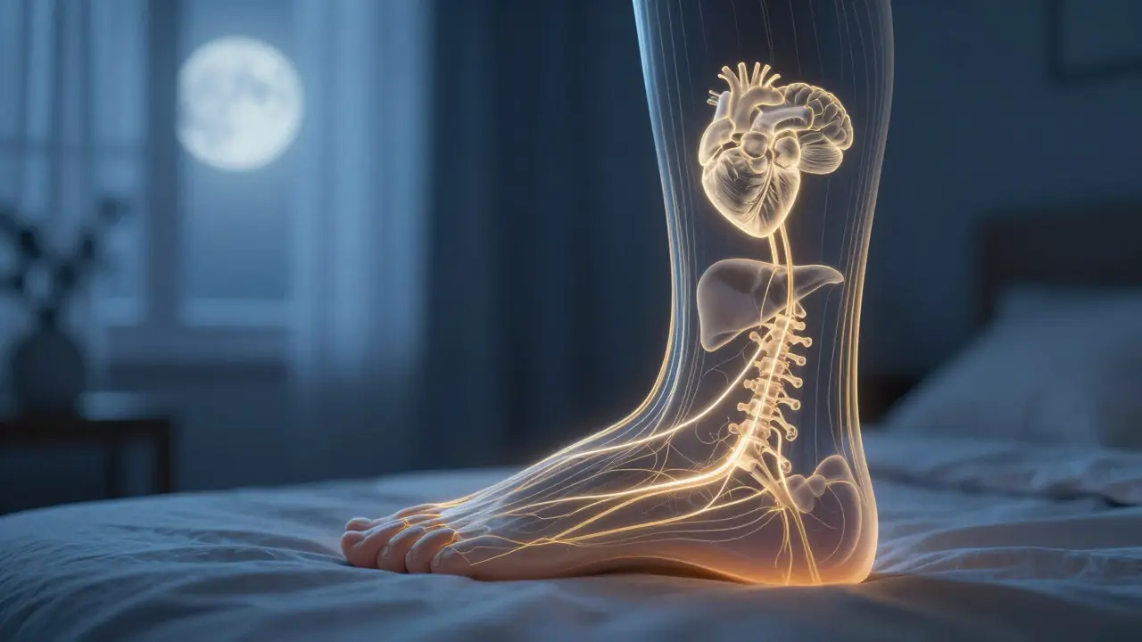 Anatomical foot with golden nerve connections to organs in a calm bedroom setting.