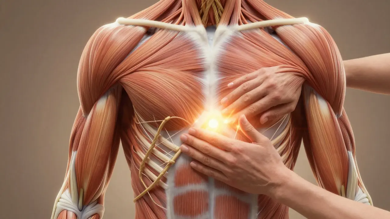 Anatomical illustration showing tension release in muscles and fascia with warm therapeutic light.