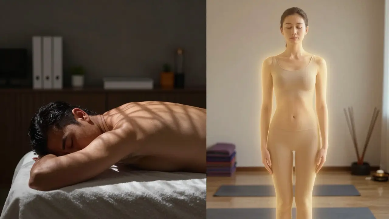 Before and after: slouched figure in dim office vs. tall, calm person in sunlight after Thai massage.