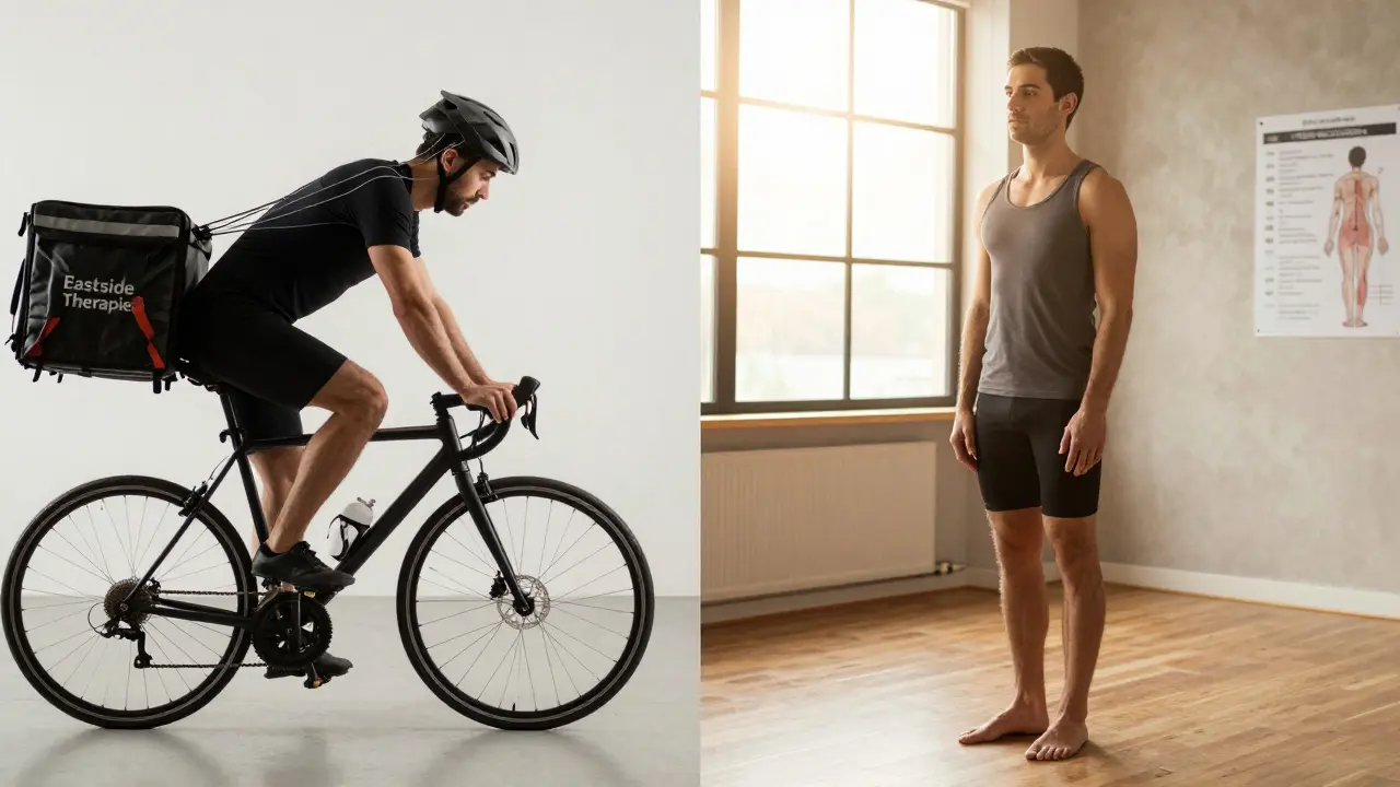 Before and after visual of a delivery rider transformed by massage therapy, showing posture improvement and relaxed muscles.