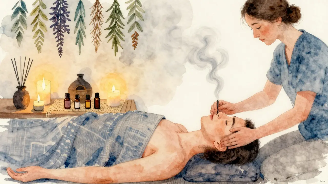 Client in peaceful relaxation during a breathwork-integrated massage with aromatic oils and soft candlelight.