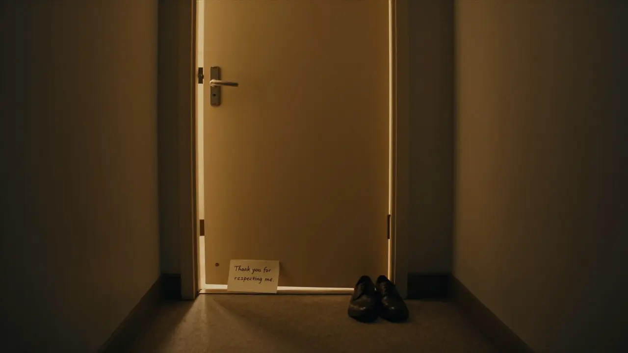 Empty hallway at night with a door slightly open, shoes neatly placed outside, a note visible.