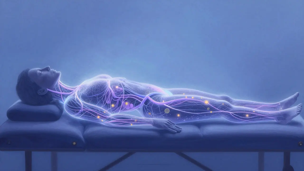 Glowing lymphatic vessels flowing through a human silhouette, with blue and lavender light guiding fluid toward key nodes.