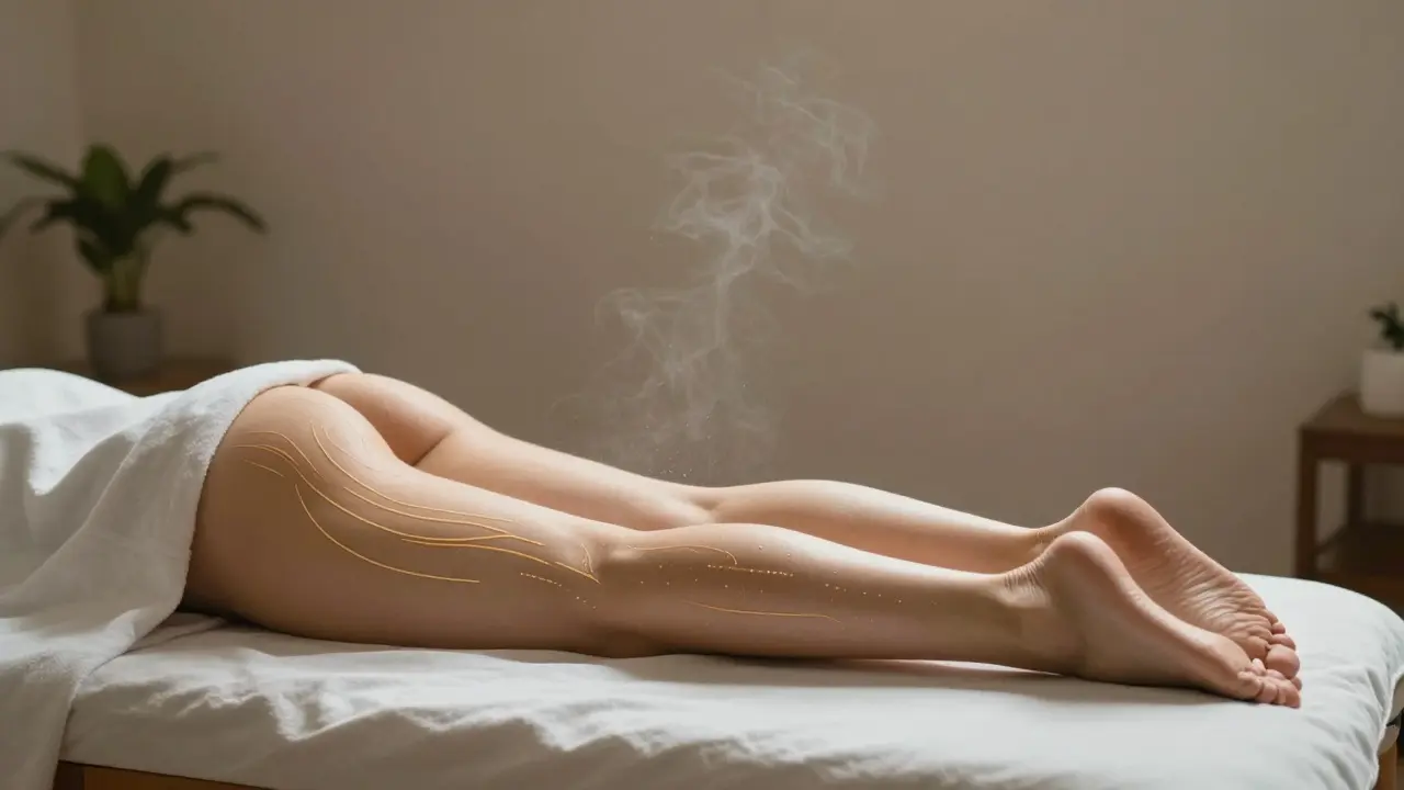 Golden lines illustrating lymphatic flow during a massage, with subtle particles rising from skin.