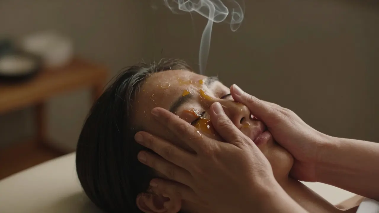 Hands pressing firmly on the neck and base of the skull to release tension during an Indian head massage.